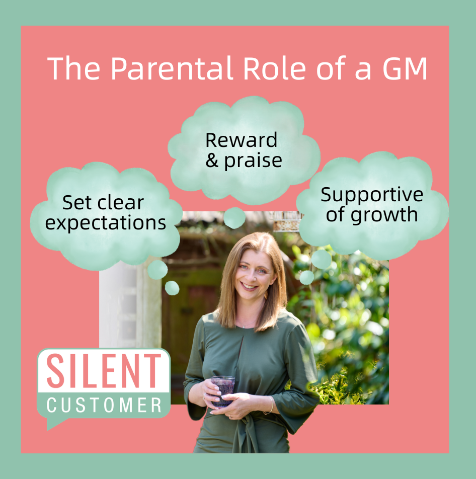 Image of Janet from Silent Customer headed 'the parental role of a GM' with thought bubbles containing 'set clear expectations', 'reward & praise' and 'supportive of growth'
