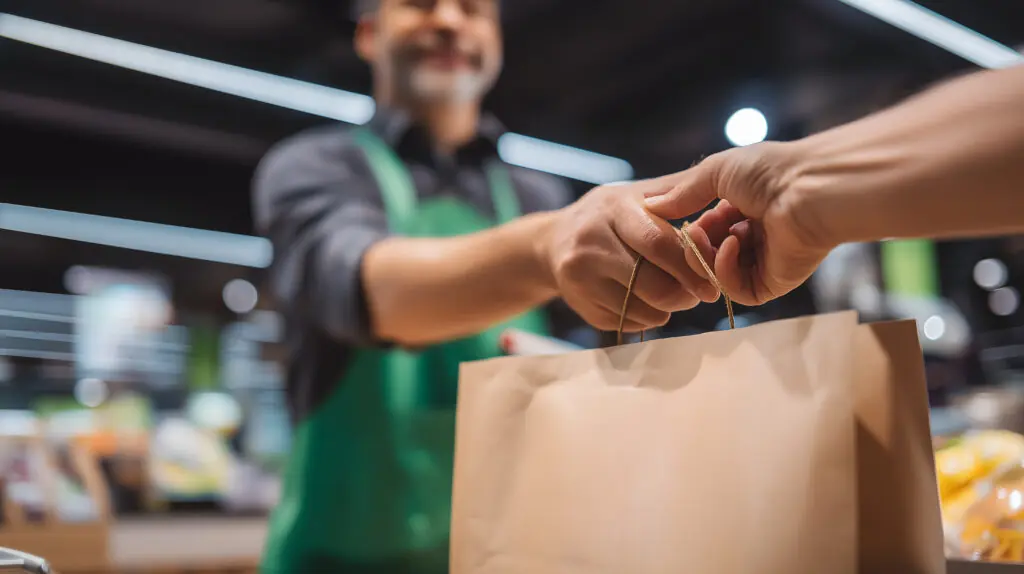 Close Up of Grocery Store Worker Passing Shopping Bag to Customer